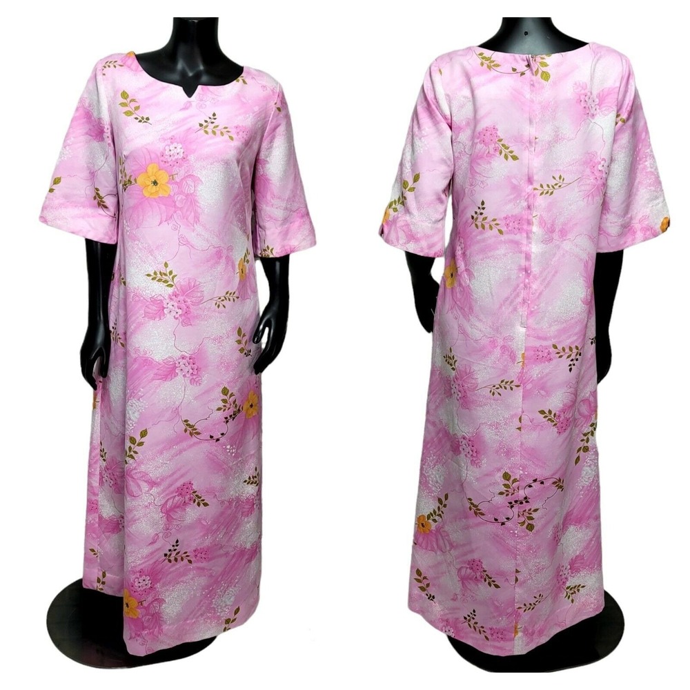 Vintage‎ 70s 80s Made in Hawaii Tropical Floral Pink Muumuu Maxi Dress Tiki Luau